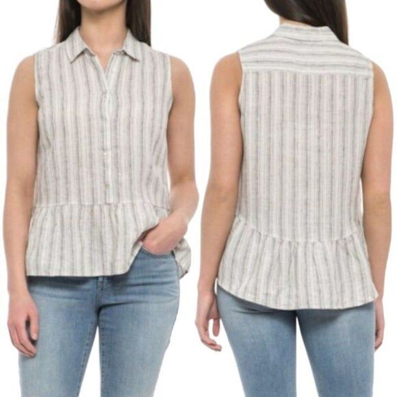 Tahari Linen Top Womens Large Sand Striped Shell Button Linen Minimalist Beach - Picture 2 of 10